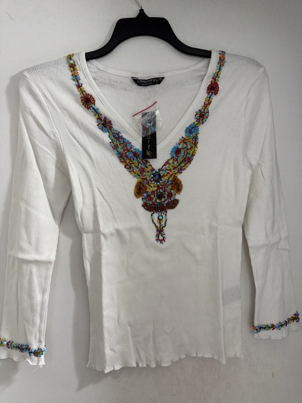 Chaudry KC Women’s White Ribbed Beaded Long Sleeve XL Lettuce Trim 100% Cotton